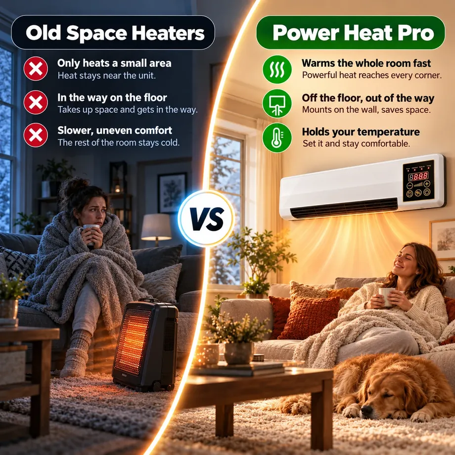 Comparison illustration of a conventional space heater and wall-mounted heater